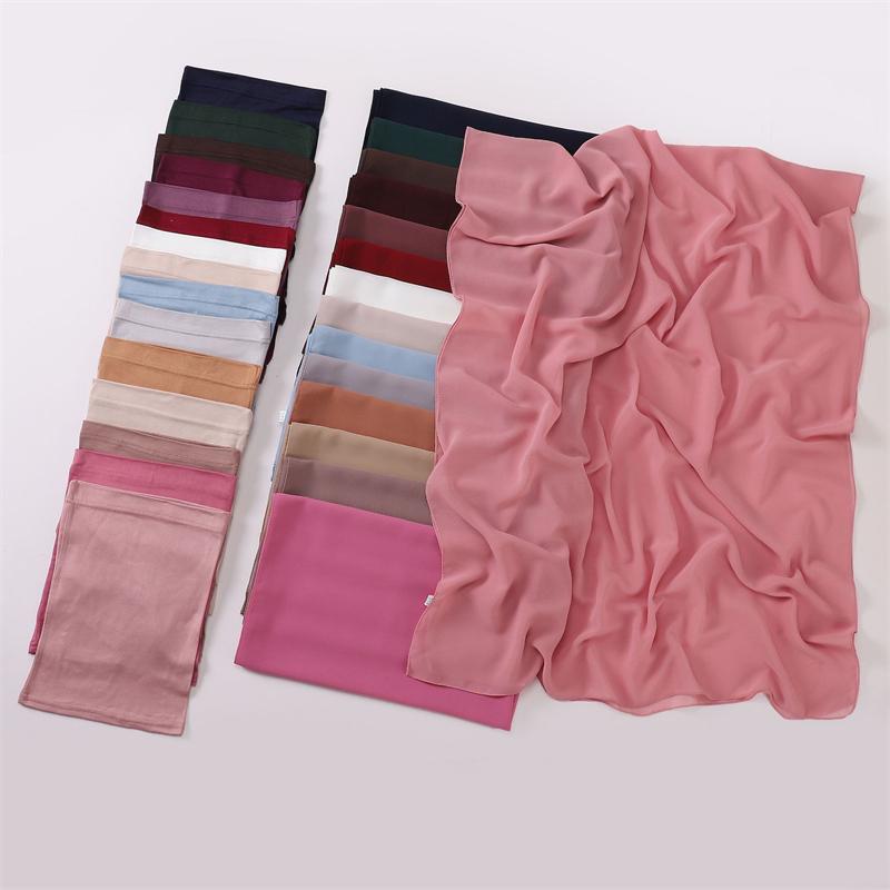 Muslim Chiffon Hijab Scarf for Women Long Solid Color Head Wrap with Muslim Turban Hat Ladies Muslim Veil Jersey Hijabs Scarves