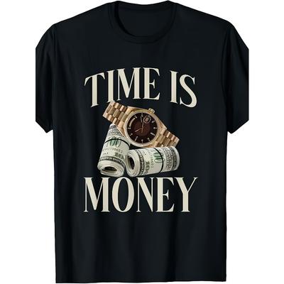 Exquisite and Comfortable Time Is Money ,Summer Short-Sleeved Printed T-Shirt, Vintage Style, Crew Neck, Pullover, Slight Stretch Fabric, Regular Fit