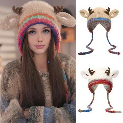 Christmas Antler Hat with Ear Protection Dual-Function Design Handmade Festive Knitted Winter