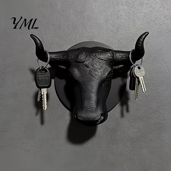 Modern Black Wall Hook Bull Head Hat Rack, Lightweight Wall-Mount Key Holder, Decorative Coat Horn Rack Hook, Retro Animal Hanger for Home Decoration