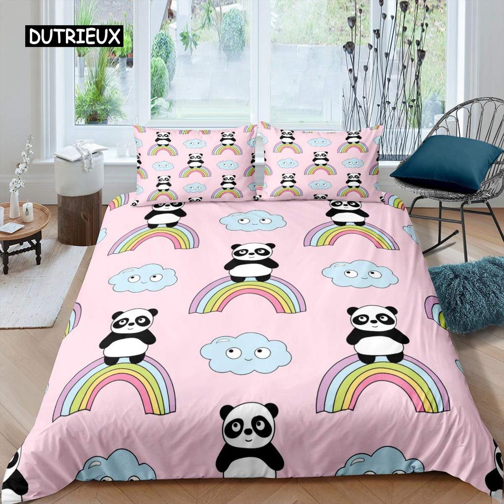 Panda Duvet Cover Set Cherry Blossoms Cute Animal Bedding Set Flower Branches Cartoon Double Queen King Polyester Quilt Cover