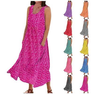 Women's Summer Round Neck Printed Sleeveless Large Swing Dress With Pockets
