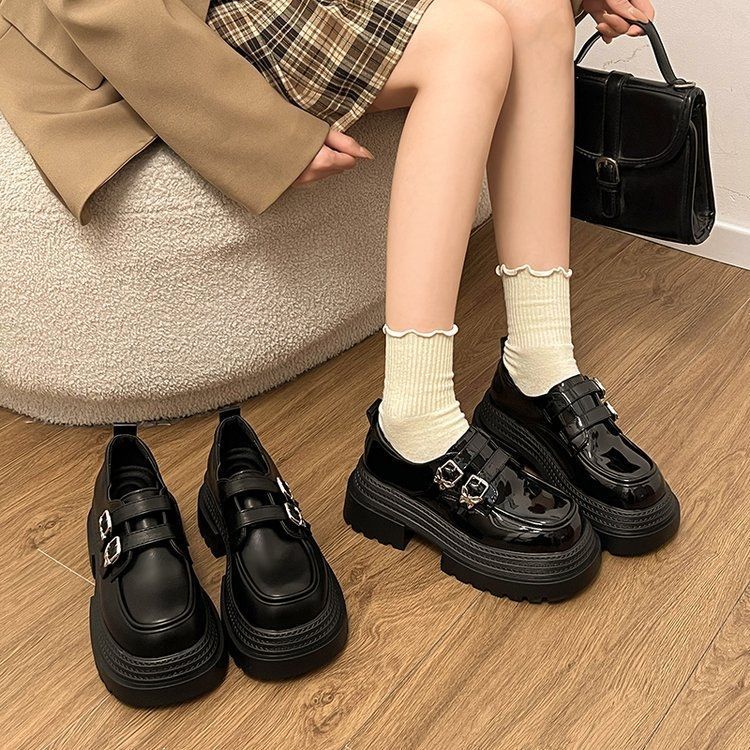 Love Jk Small Leather Shoes Women's 2025 New Autumn and Winter Japanese Thick-soled British Style Thick Heel Heightened Round Head Black Single Shoes