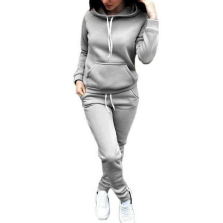 Women Plush Hoodie and Pants Set 2 Pcs Solid Color Long Sleeve Top Elastic Waist Ankle Banded Trousers Thick Sport Fitness Suit