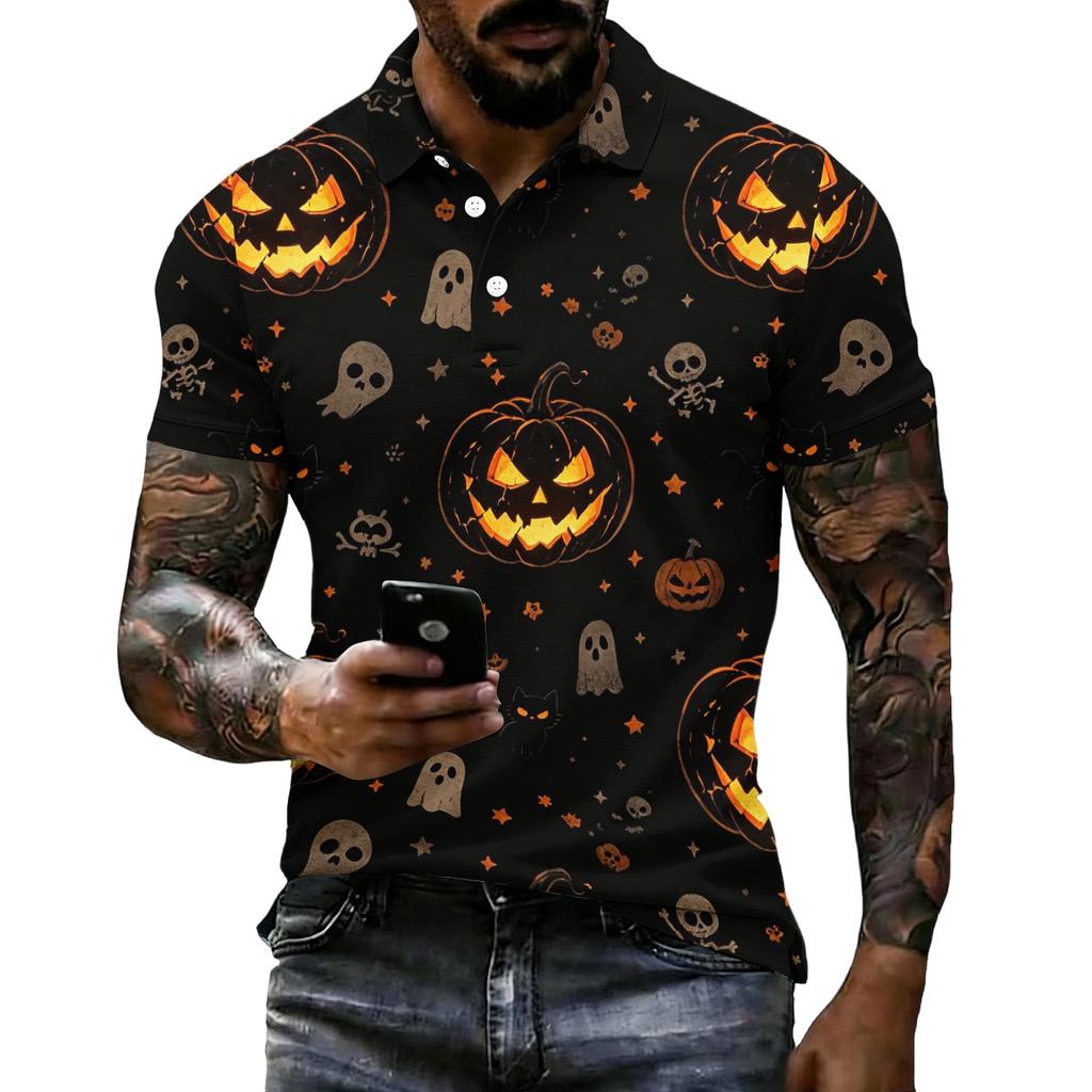 Men's Halloween Print Vintage Texture Short Sleeve Polo Shirt Loose Breathable Summer Sports Streetwear Casual Everyday Top