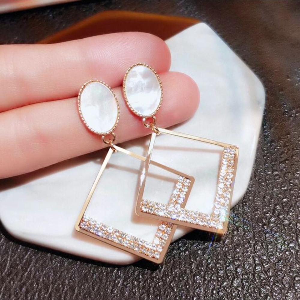 Korean Fashion Hollow Gold Color Square Rhinestone Border Dangle Earrings for Women Party Daily Wear Geometric Statement Jewelry