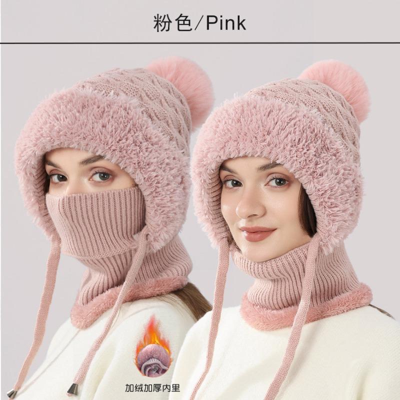 Knitted hat women's winter one-piece scarf wool hat outdoor cycling windproof plush thickened one-piece hat