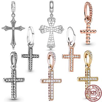 Gold Plated Sparkling Jesus Cross Pendant Charm Zircon Stones Bead Fit Original Fashion Bracelet Silver 925 Diy Jewelry Gift