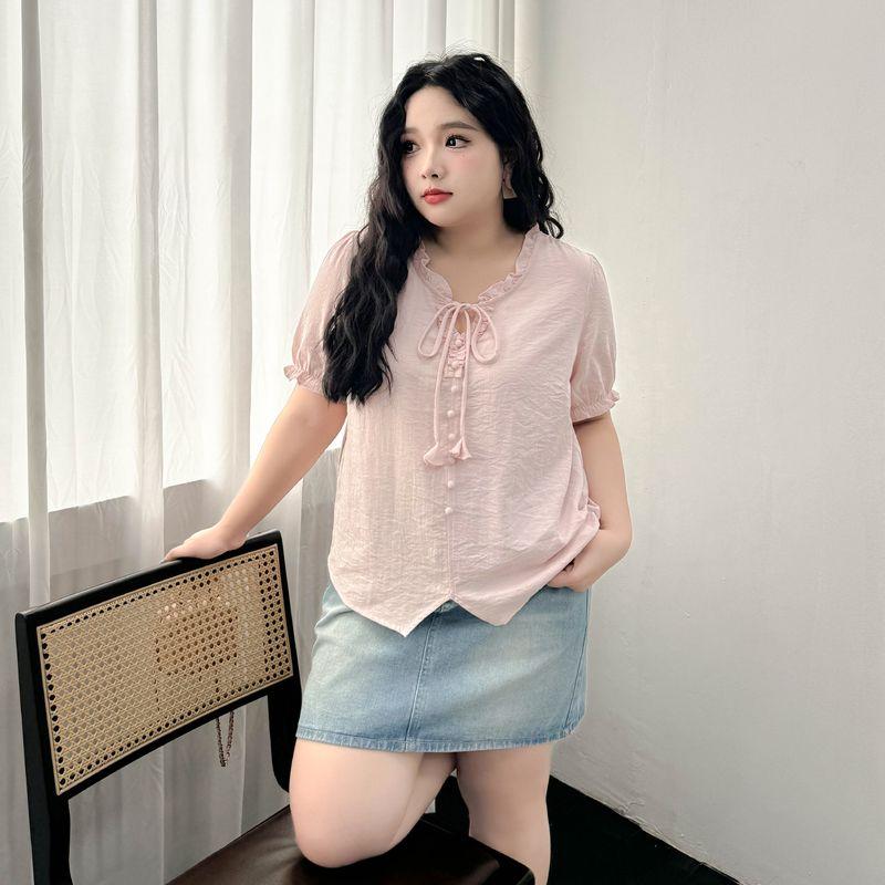 

Plus size women clothing [Lazy Artistic Shirt] Puff sleeve Lace-up Wooden Ear Loose Meat Covering Short sleeve Summer Top Light pink 8xl