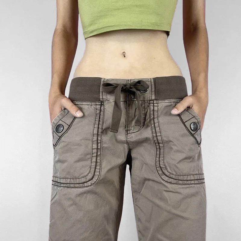 ZYLLO Retro Snörning Låg Midja Byxor Streetwear Patchwork Lös Casual för Kvinnor Harajuku Raka Byxor Koreansk Mode