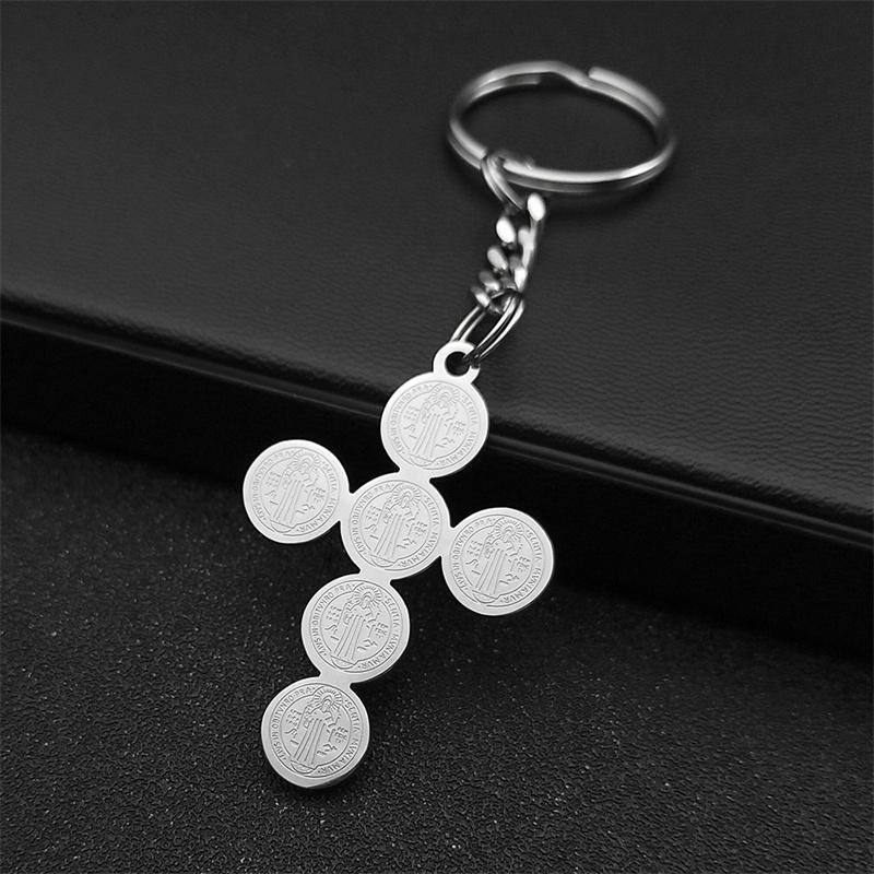 Saint Benedict Cross Key Ring for Women Men Stainless Steel Gold Color Catholic Faith Key Chain Jewelry llaveros K6230S02