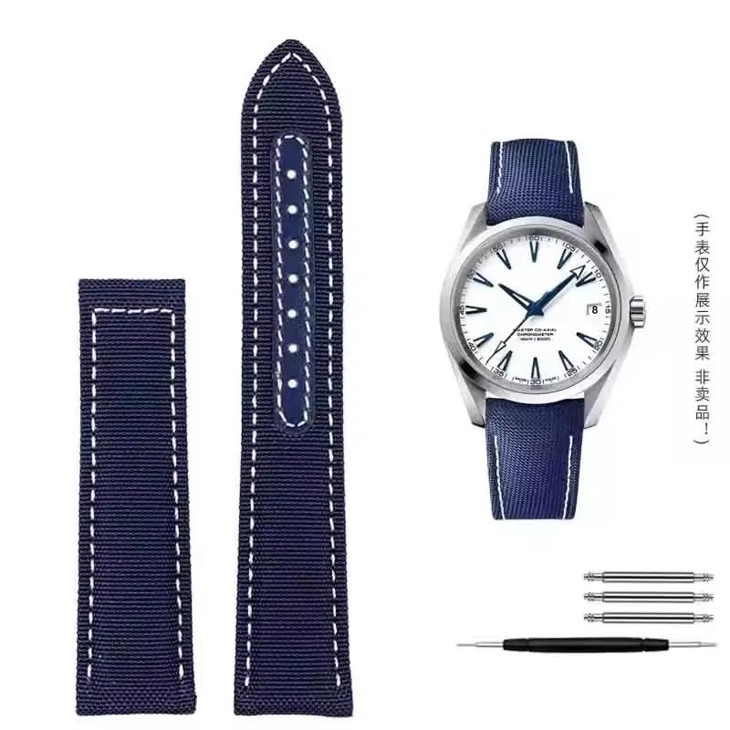 Woven Canvas Watch Strap For Omega Seamaster 300 AT150 Fabric Leather Nylon AQUA TERRA 150 Blue Black Watchband 19mm 20mm