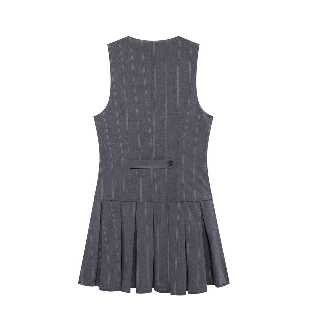 2024 Autumn Women's French V-neck Sleeveless Pleated Striped Vest Dress