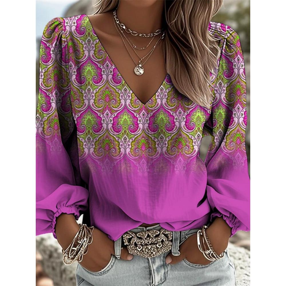 Retro Ethnic V-neck Women's Top - Lantern Sleeve Totem Print Loose and Slimming Long-sleeved Top - Bohemian Style