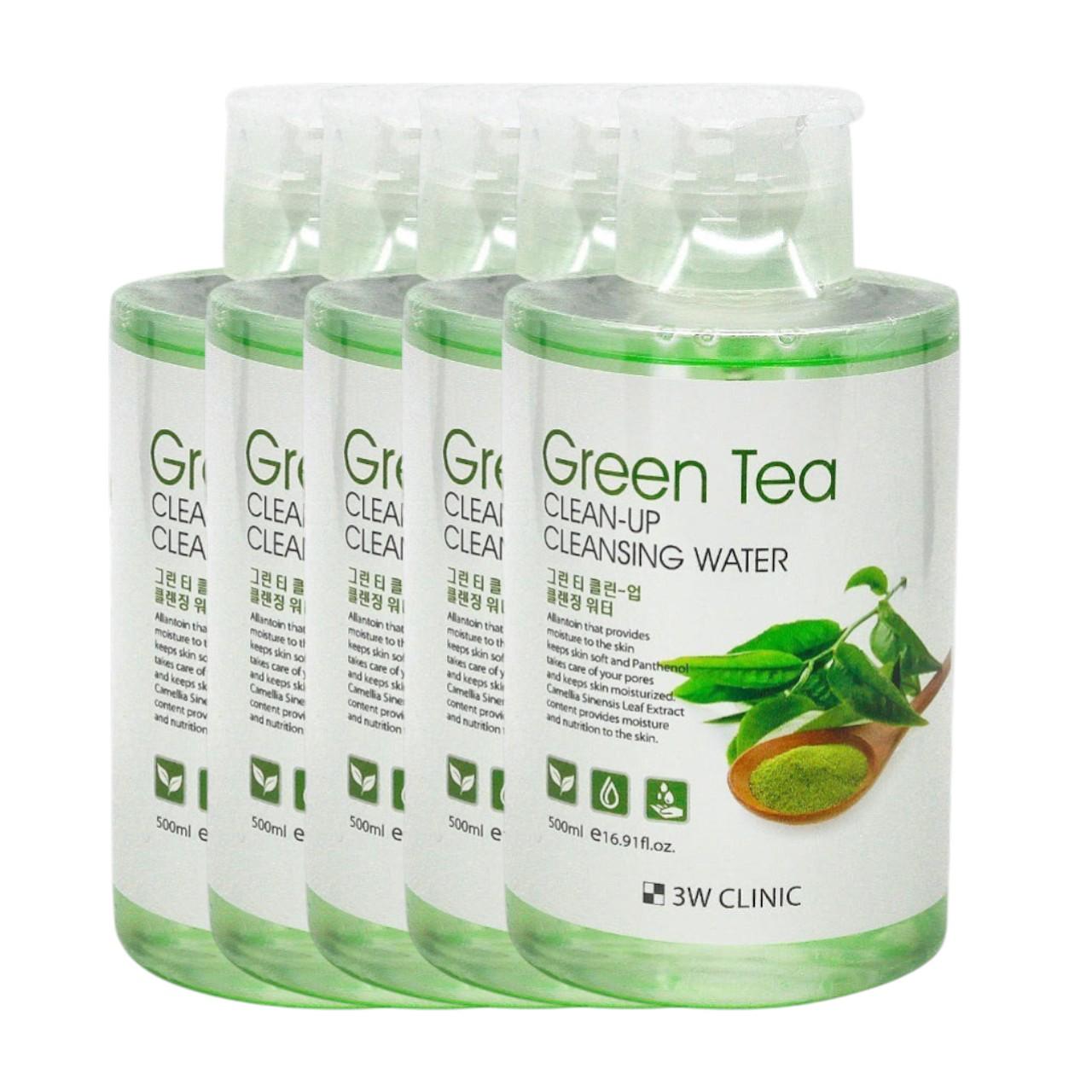 

3W CLINIC Green Tea Clean-Up Cleansing Water [5 PCS Bulk Set] - Antioxidant & Purifying Makeup Remover 500ml x 5
