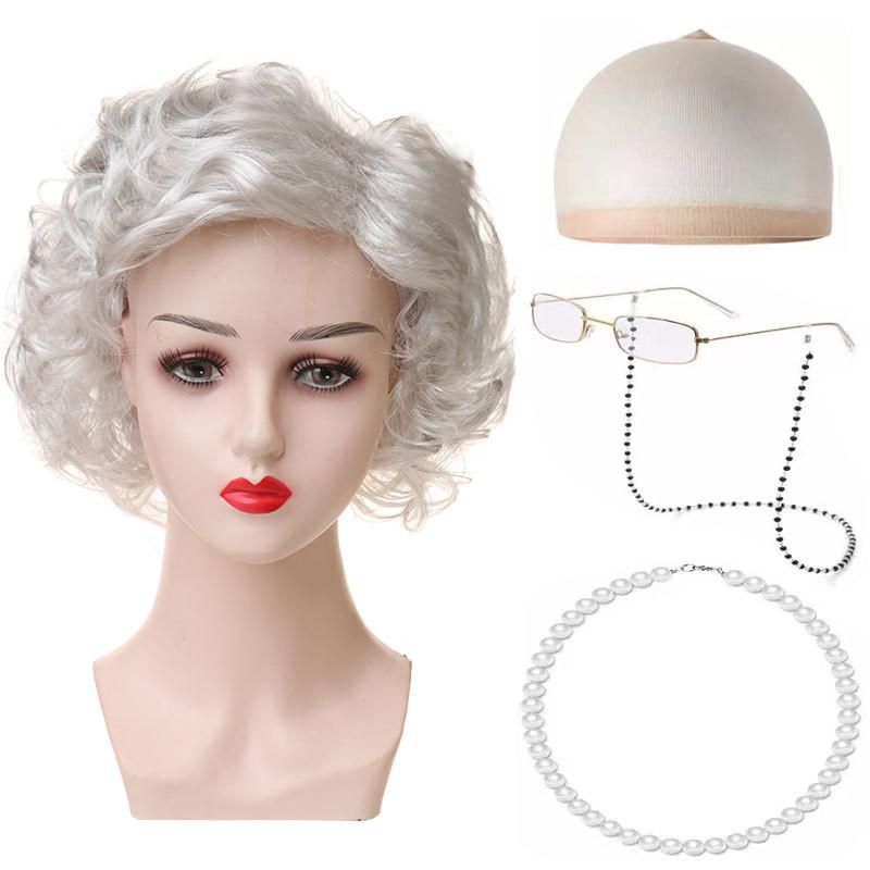 Versatile Short Curly Costume Wig Set For Grandmother Character Halloween Dress Up