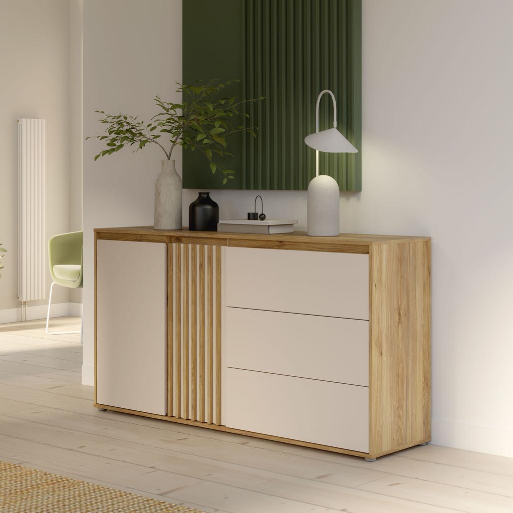 Buffet ELISTON - Blanc Mat & Chêne – 2 Portes + 3 Tiroirs – L 159,6 × P 41,5 × H 81,7 Cm