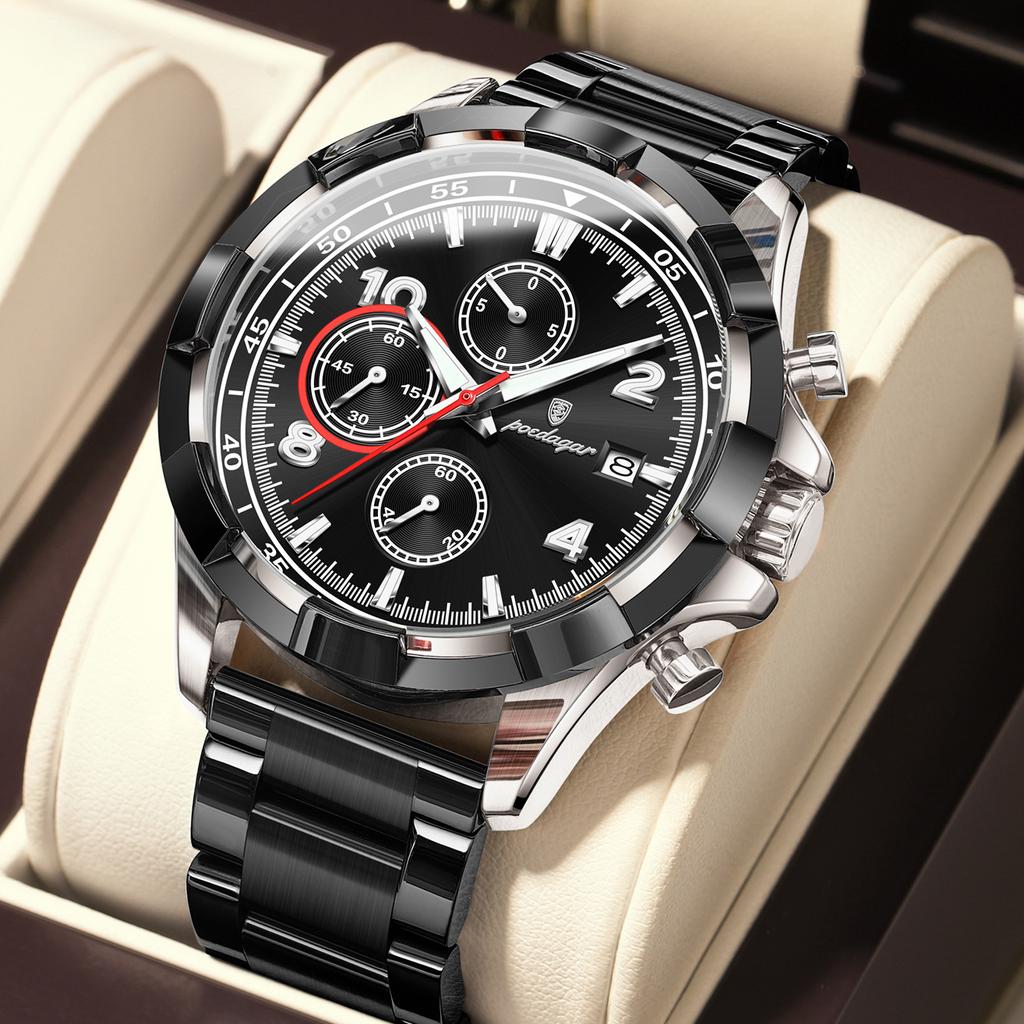 POEDAGAR Fashion Men's Wristwatch Luminous Waterproof Stainless Steel Man Watch Chronograph Date Business Quartz Watches For Men
