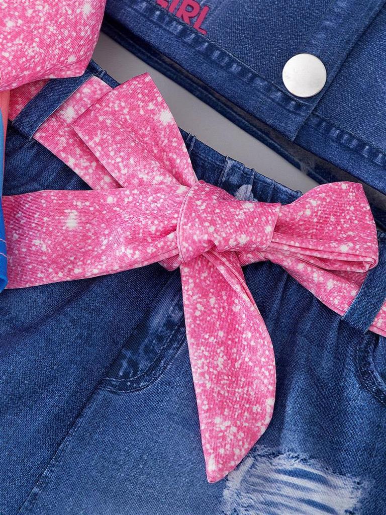 Zestaw 3-częściowy dla dzieci z nadrukiem dżinsowym 2024: Kamizelka, Bluzka z długim rękawem i Spodnie