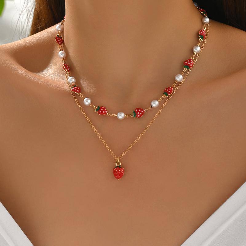 2Pcs Layered Strawberry Pearl Necklace Set for Women Cute Sweet Dainty Adjustable Summer Vacation Beach Jewelry Gift