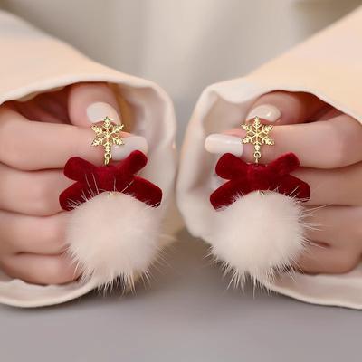 Niedliche Pompon-Kugel Schleife Schneeflocke Elch Ohrringe Weihnachten Süßer Modeschmuck für Frauen und Mädchen Neujahrsgeschenke