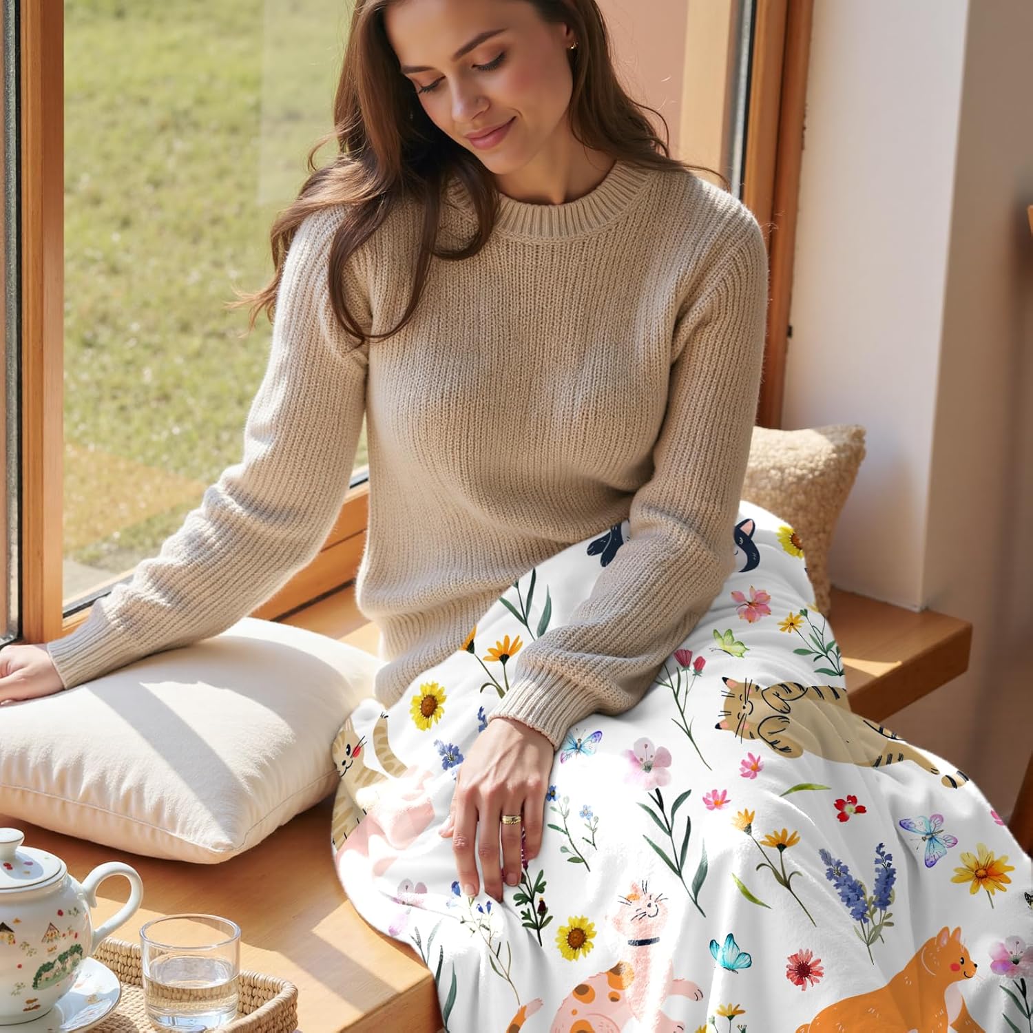 

VIKAMA Floral Cat Blanket, Birthday Gift For Mom, Girl, Children, Cat Lovers, Flannel Blanket, Printed Sofa Bed, Chair Blanket 75cmx90cm