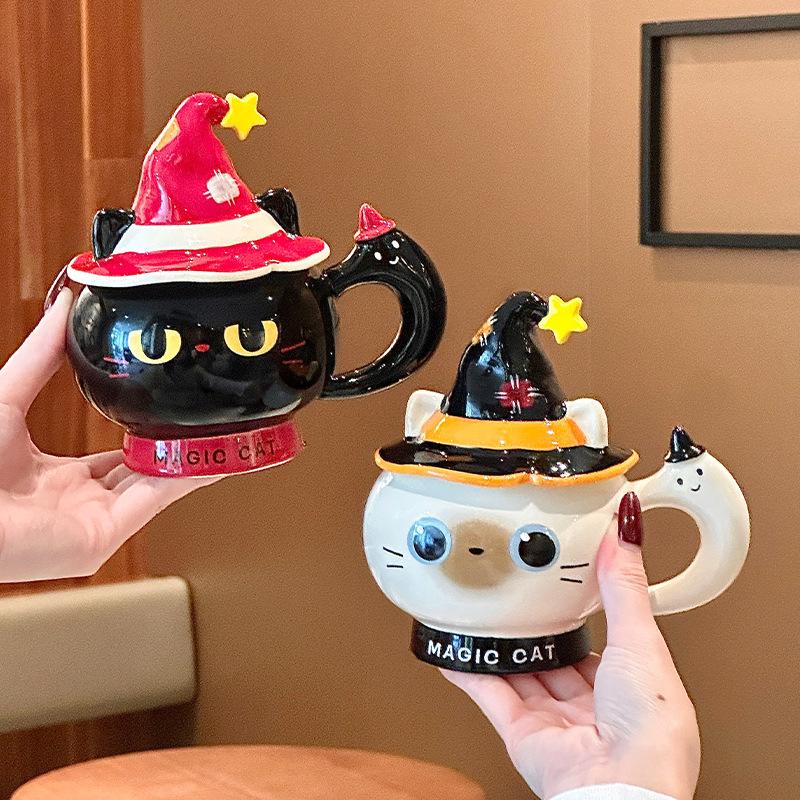 Creative Halloween gift magic hat cat ceramic mug with lid for girls practical mug souvenir gift box