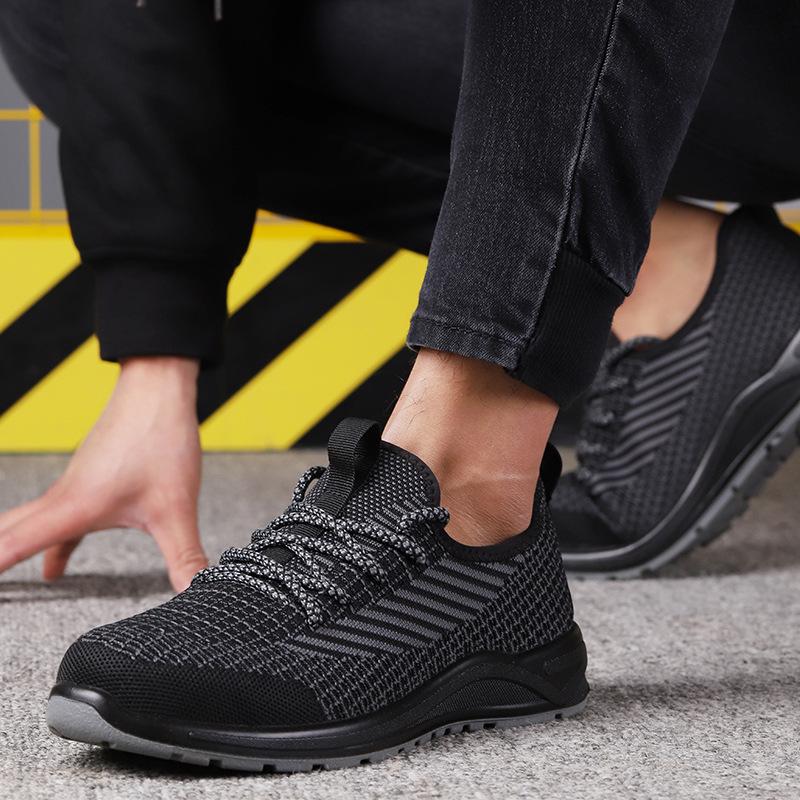 Leichte, atmungsaktive Sicherheitsschuhe mit Stahlkappe: Stoßfest, Durchstichfest, Rutschfest, Flyknit-Obermaterial für den Sommerbau.