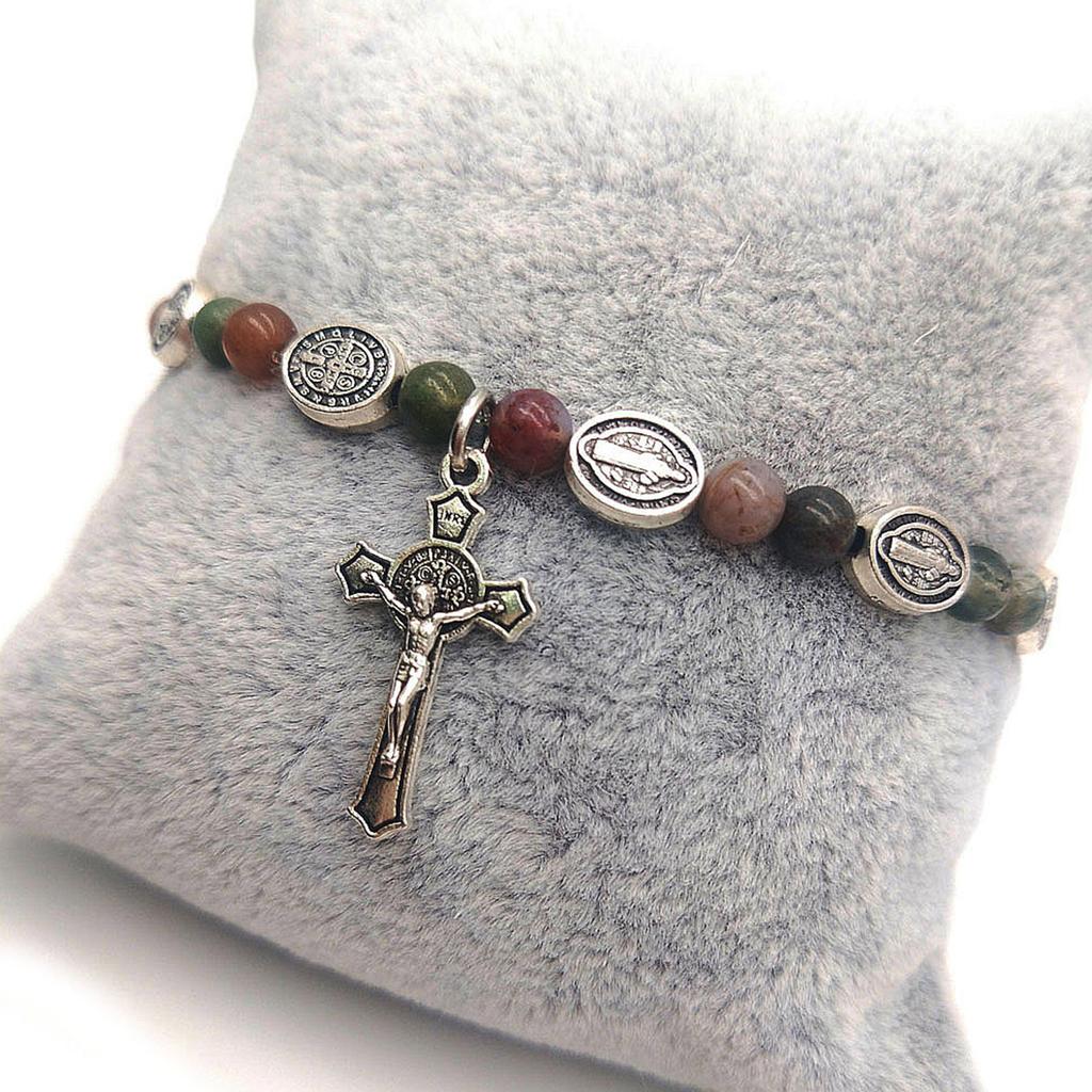 White Bracelet Crucifix Medal-Bracelet Catholic Jewelry Adjustable Crystal Beads