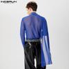 INCERUN Men Ruffled High Neck Patchwork Front Cross Fitted Tops Mesh Sheer Irregular T-shirts