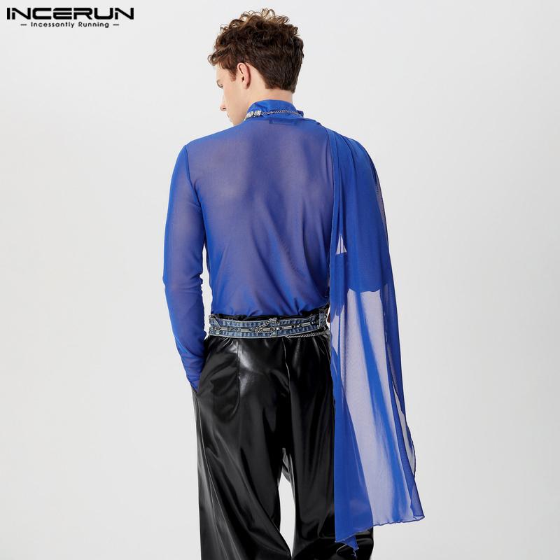 INCERUN Men Ruffled High Neck Patchwork Front Cross Fitted Tops Mesh Sheer Irregular T-shirts
