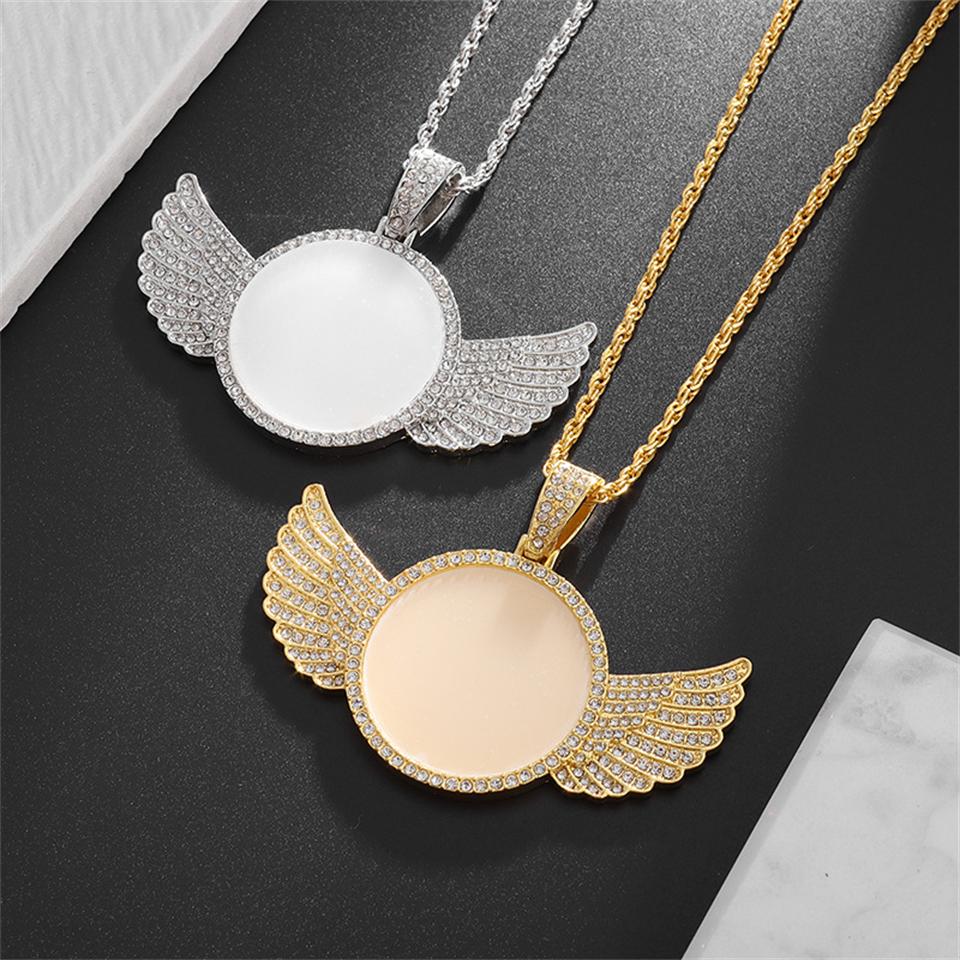 Htpwe Angel Wings Mirror Photo Memorial Pendant Inlaid with Ice Crystal Zirconia Necklace Couple Trendy Zircon Birthday Gift
