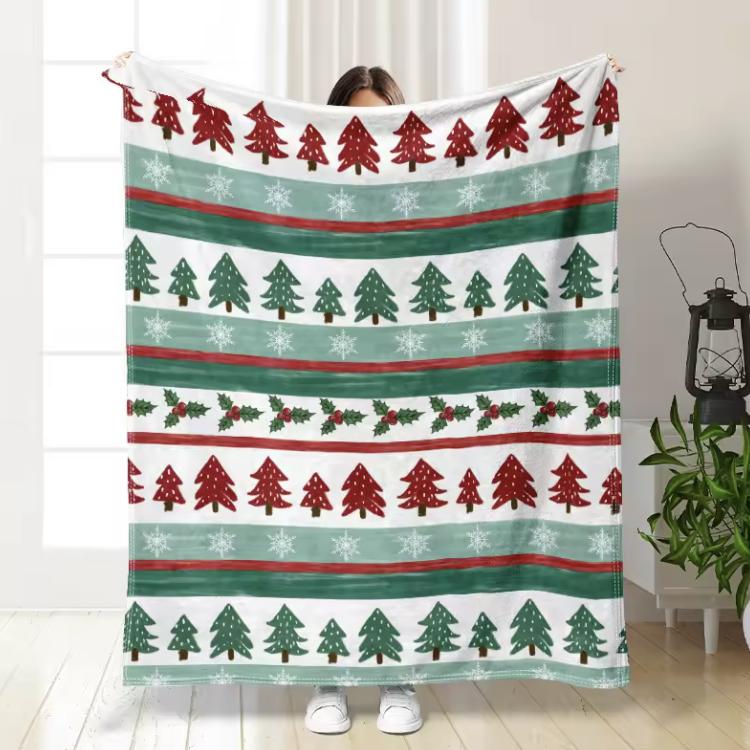 Striped Christmas Tree Digital-printed Polyester Bedroom Velvet Flannel Cover Blanket Fleece Soft Sofa Cover Blankets for Beds
