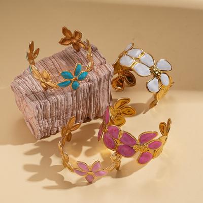 Fashion Enamel Flower Bracelet Gold Color Metal Opening Bangles Adjustable Stainless Steel Vintage Cuff Women