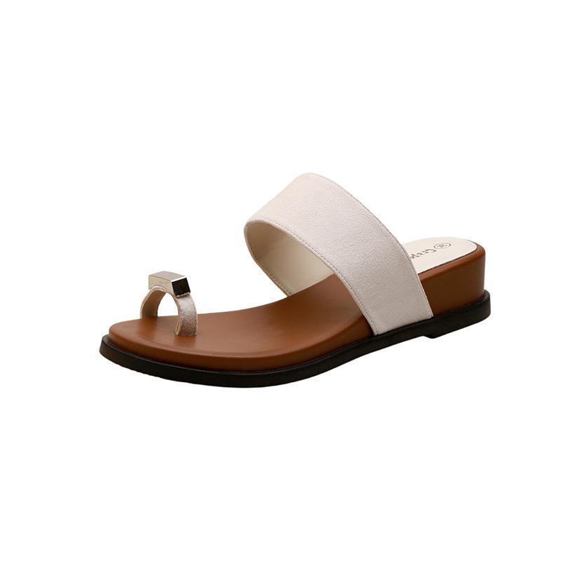 

Cowhide version~ Summer new metal buckle with sleeve toe flip-flops flat bottom outer wear toe sandals slippers women 40 белый