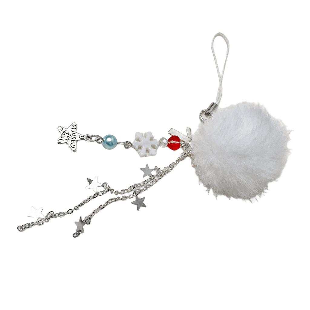 Eleganter Schneeflocken- und Weißer Pompons Feiertags-Handystrap Perlenbesetztes Handy-Lanyard Schultaschendekoration für Frauen Mädchen