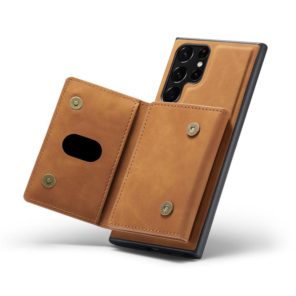 Phone Case Magnetic Card Holder Wallet Stand Cover Fit for Samsung Galaxy S22 Brown S22 Ultra