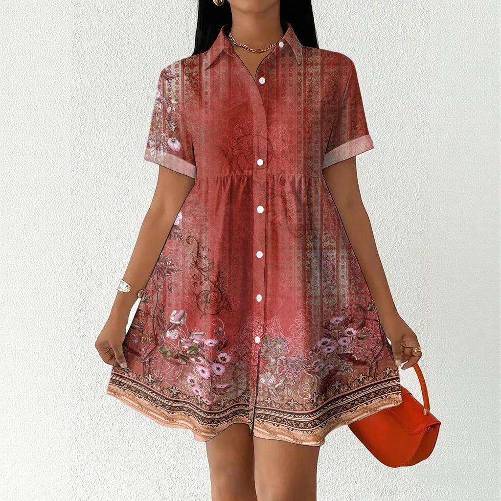 Women’s Casual Loose Fit Shirt Dress with Button Front Stand Collar Short Sleeve Patchwork Print Lightweight Design