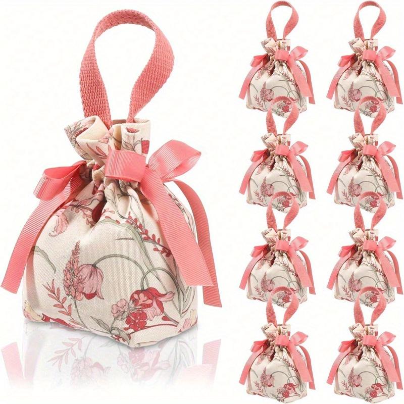Floral Small Gift Bags with Handles, Small Flower Candy Bags, Tea Party Gift Bags, Jewelry Bags with Drawstring, Canvas Small Candy Bags