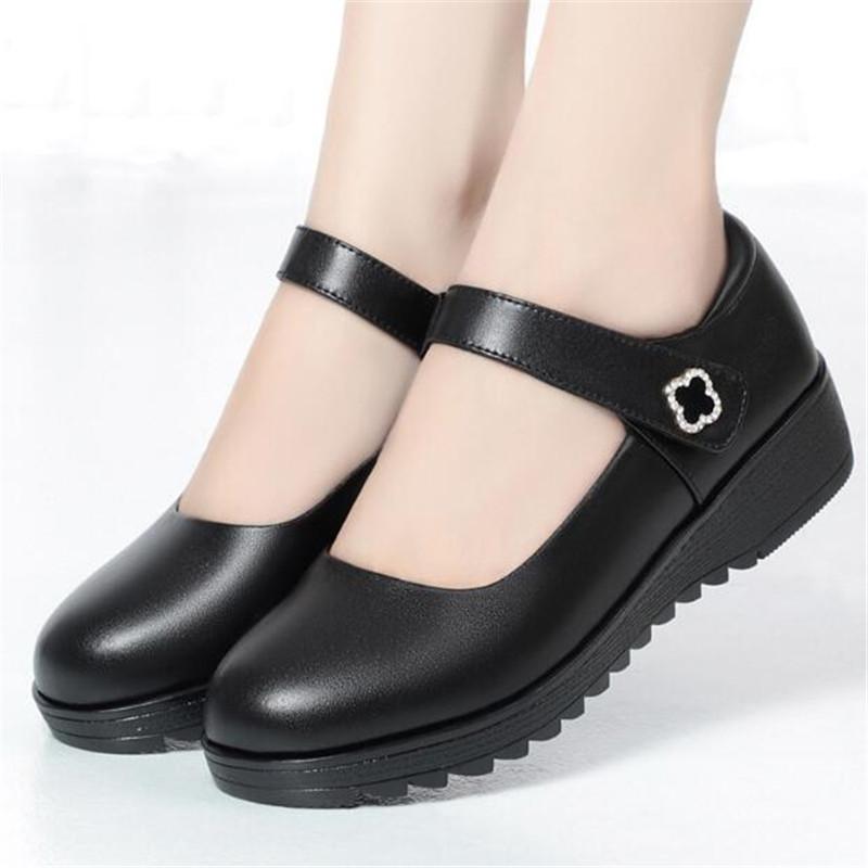 Fashion Women's Wedge Shoes Women Ankle Strap Casual Flat Shoes Woman Work Office Pumps Comfort Genuine Leather Shallow Mouth Mom Shoes