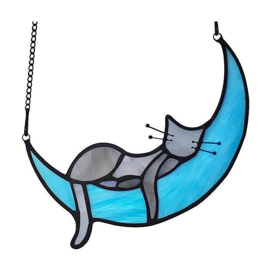 Cat On Moon Hanging Ornament Stained Glass Window Hanging Suncatcher Acrylic Panel Wall Art Memorial Gift for Women Wife Mom Cat Lovers