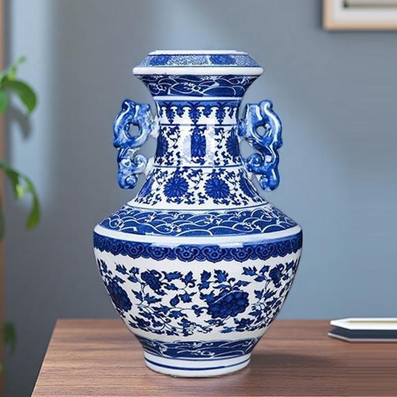 Jingdezhen Blue and White Porcelain Flower Vase Double Ear Dragon and Phoenix for Home Decor Ornaments High-end Ceramics Bottles