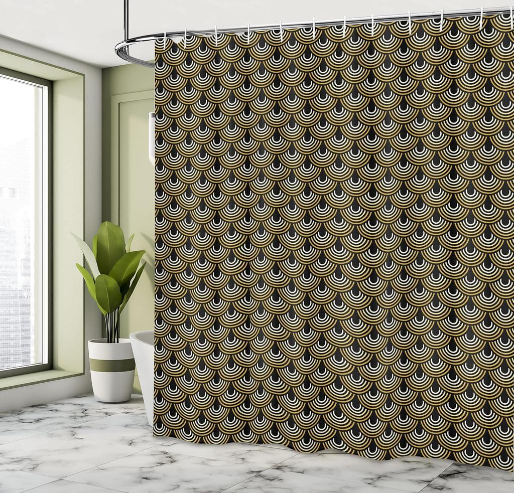 Gold Black Art Deco Pattern Shower Curtain Geometric Design Linen160X180