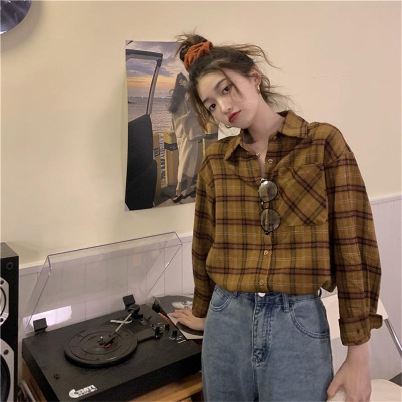 Women's Vintage Plaid Shirt Long Sleeve Loose Casual Button Up Blouse