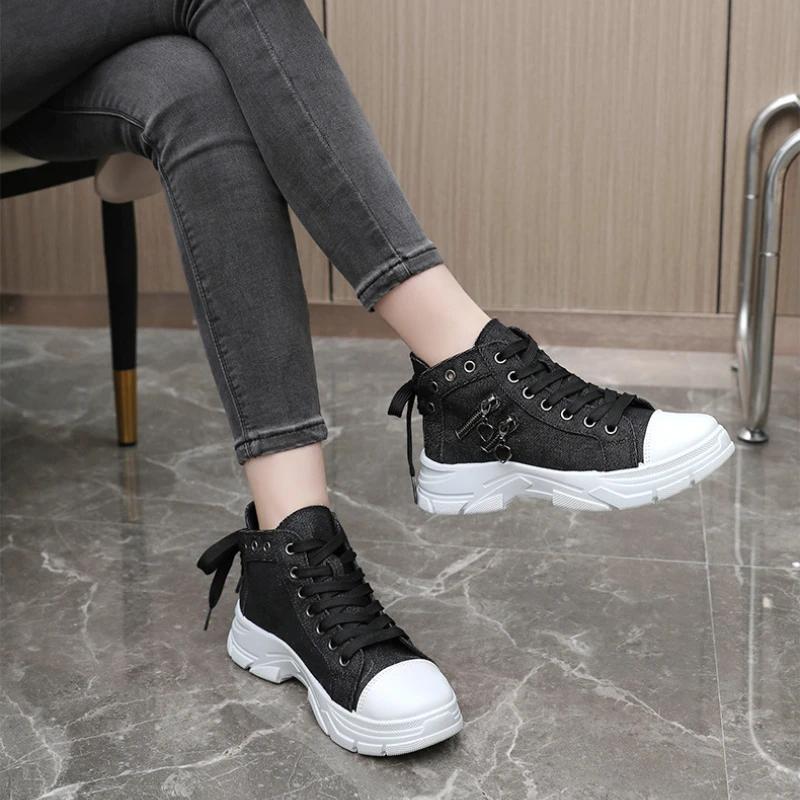 Trendy High Top Canvas Shoes 2024 Autumn New Thick Soled Casual Versatile High Top Women's Board Shoes Zapatos De Mujer Sneakers