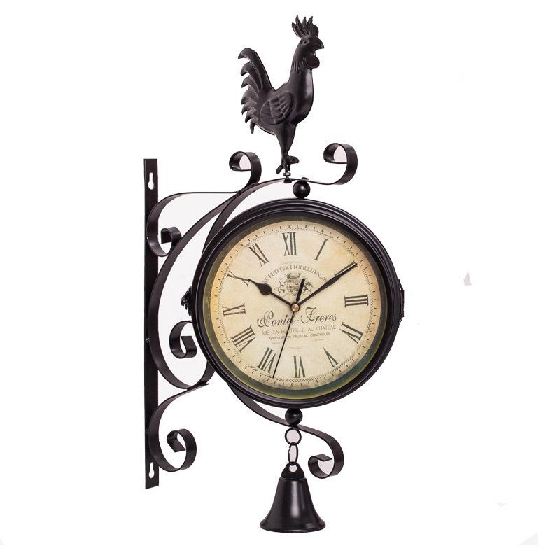 Double-Sided Wrought Iron Rooster Wall Clock - Silent European Decor for Living Room