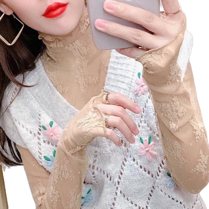 Women's High Neck Lace Layer Top with Lantern Sleeves - Stylish Mesh Sweater for Autumn/Winter