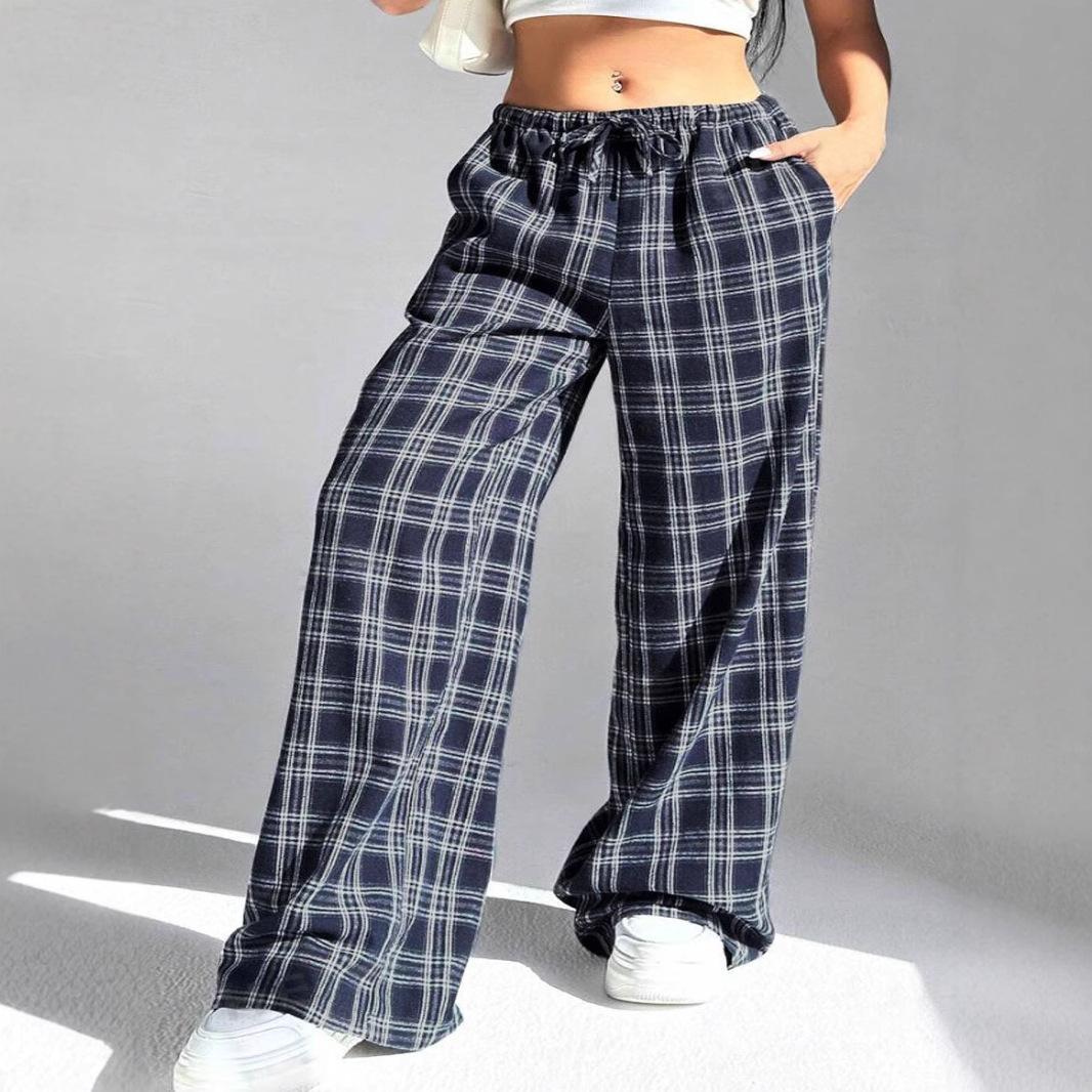 Women s Casual Pants Versatile Loose Drawstring Plaid Trousers S