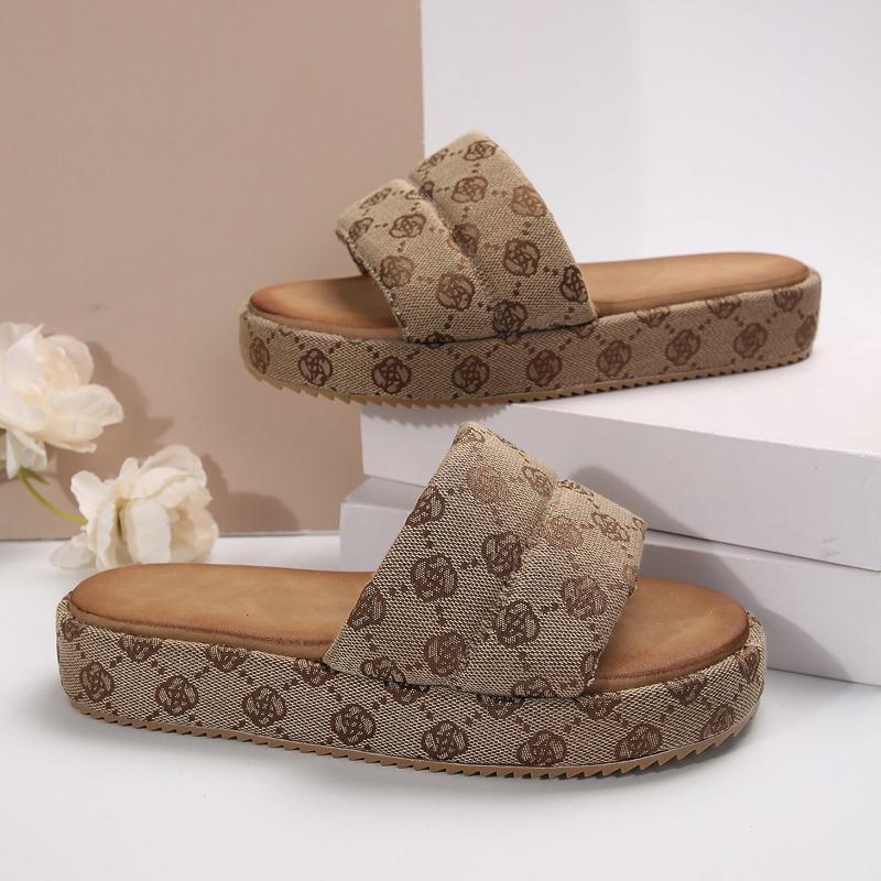 Mode Sommer Neue frauen Runde Kopf Flache Sohlen Rutschfeste Hausschuhe Frau Khaki Dicken Sohlen Bestickte Hausschuhe Weibliche Zapatos de Mujer