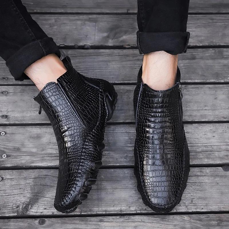 Fashion Classic Genuine Leather Spring Men's Boots Plush Warm Platform Men's Snow Boots Punk Outdoor Motorcycle Boots New Man Work Shoes